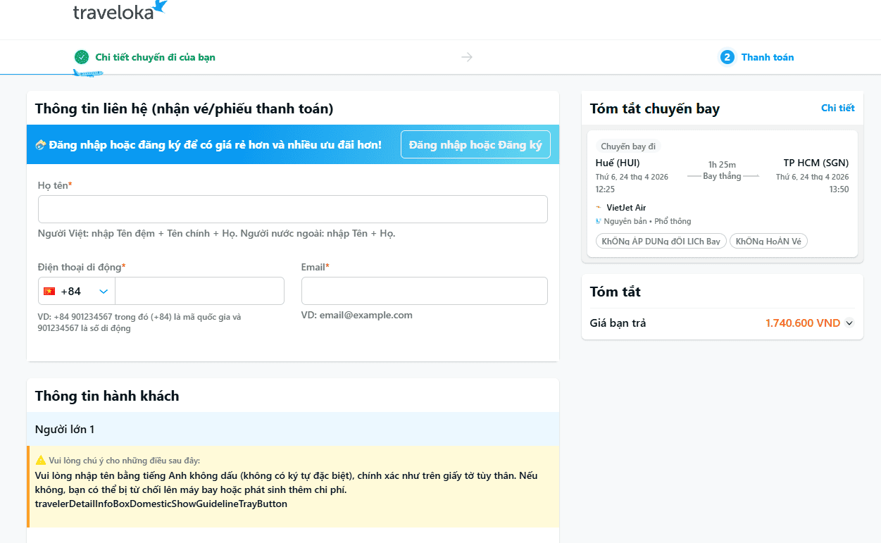 Nhập sai thông tin hành khách